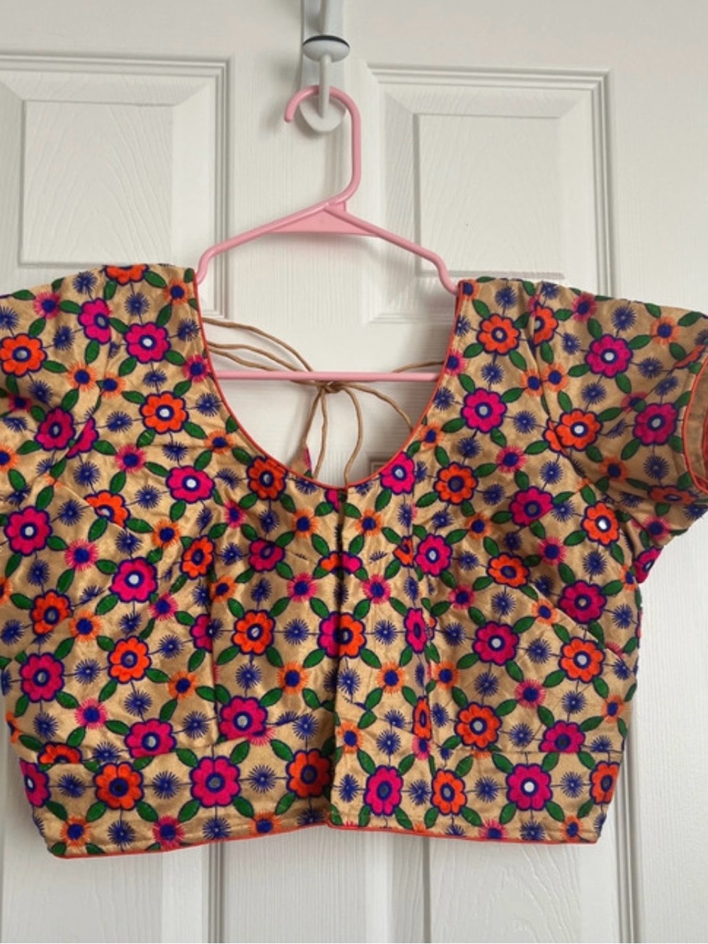 Embroidered Floral Short Sleeve Blouse in Mustard Indian